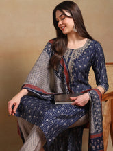 Women Navy Blue Silk Blend Embroidered Straight Kurta Pant Set With Dupatta-PKSKD2236